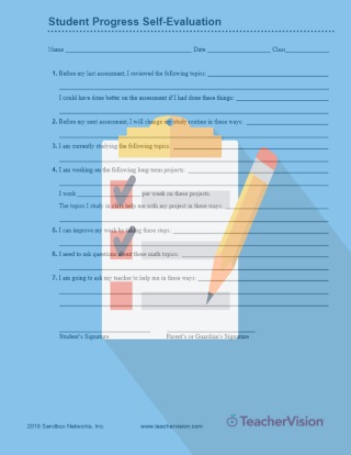 Student Progress Self-Evaluation Form from TeacherVision