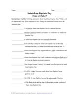 Saint-Jean-Baptiste Day True/False Activity